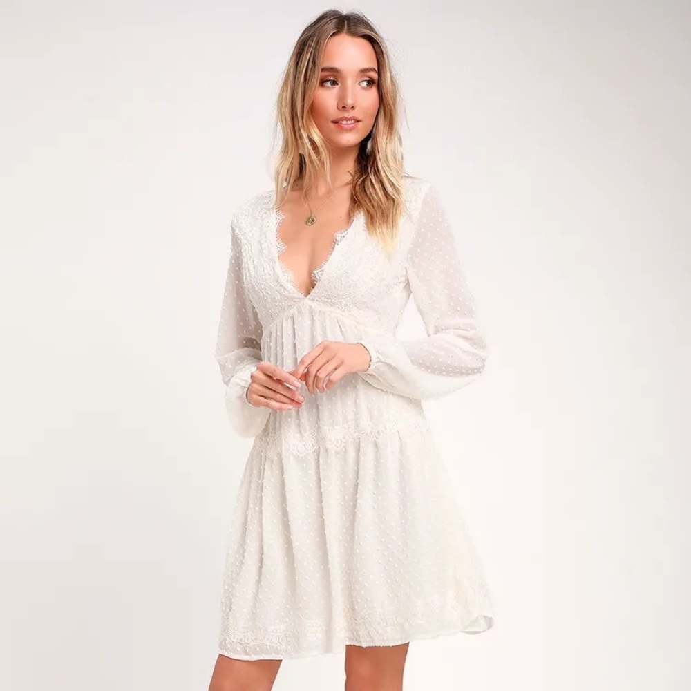 Wistful Moment White Swiss Dot Long Sleeve Dress - Size Small